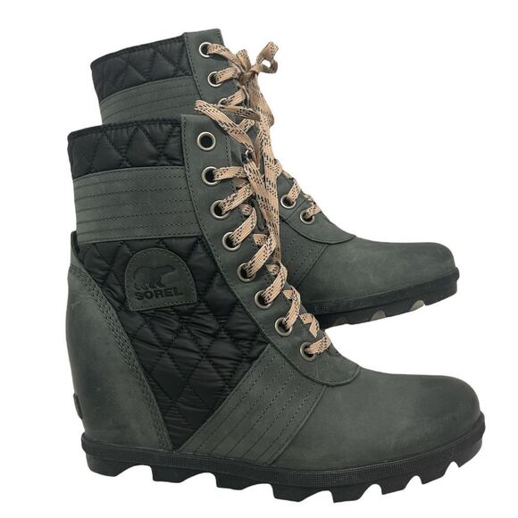 Sorel Lexie Wedge Boot Quilted Dark Slate Pink‎ Laces Winter Booties Gray 11 - Picture 1 of 12